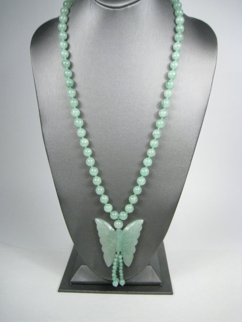 Vintage Jade Butterfly Necklace Jadeite Green Beaded 26 in Beaded Pendant Tassel